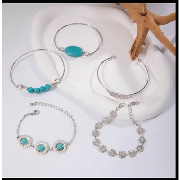 Bohemian Style Silver and Turquoise Bracelet Set - Picture 2 of 5